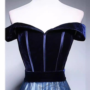 Evening Gown Women Long Navy Blue Off The Shoulder Empire Waist Tulle Dress Elegant Performance Trailing Gown - Product Image 4
