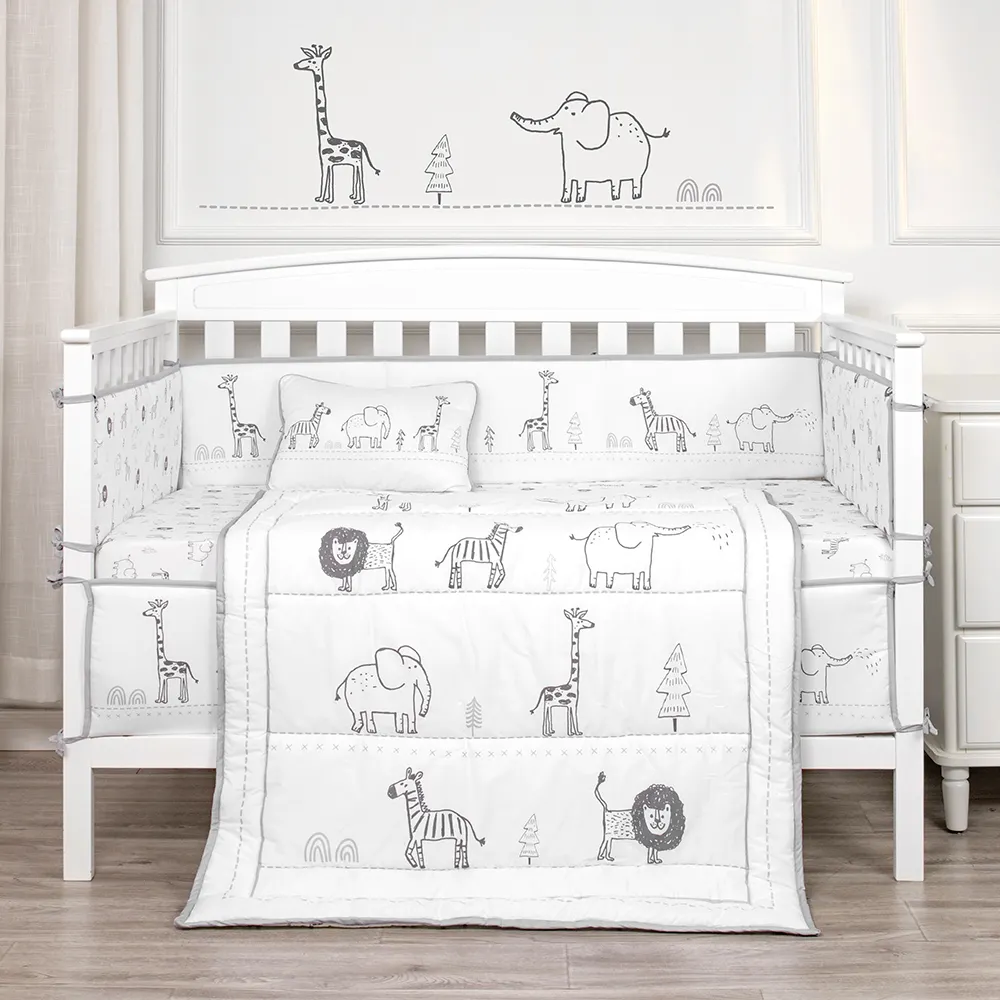 Animal Party Theme Nursing Crib Set 4 piece Bedding Soft Baby Bedding Set 100% Organic Cotton