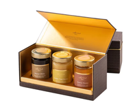Boîte cadeau magnétique rigide de luxe avec insert personnalisé, estampage à chaud doré, emballage haut de gamme pour bouteille de miel artisanal