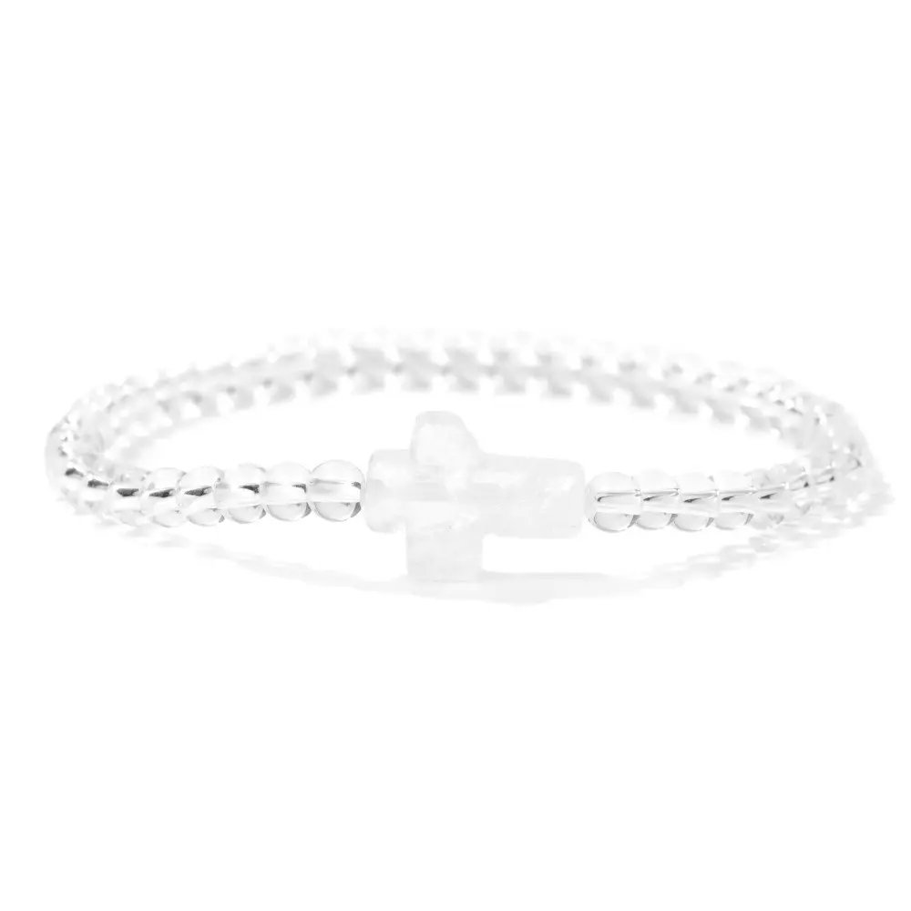 Wholesale 4mm Natural Stone Gemstone Crystal Bead Bracelet Cross Pendant Stretch Clear Quartz Bracelet Women Men