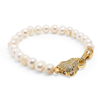 Bracelet Gemnel Hip Hop en laiton plaqué or 18 carats avec perle d'eau douce et fermoir tête de léopard/panthère serti de pierres pour hommes et femmes