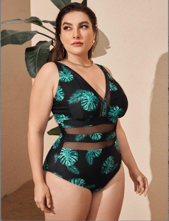 2022 New Design DAMO Plus Size One Piece Swimsuit Sexy Women Leaf Printed Lace Monkini Recycled Nylon Swimwear