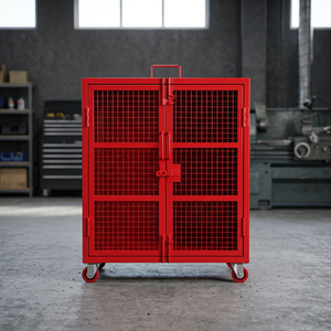 Cage de rangement plateforme en treillis d'acier rouge avec quatre roues, porte mobile thermolaquée et verrouillable pour usage industriel et commercial OEM - Product Image 4