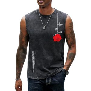 FOXA Men's Washed Sleeveless Tank <b>Top</b> Cotton Embroidery <b>Rose</b> Print Streetwear Summer (S-2XL) - Product Image 2