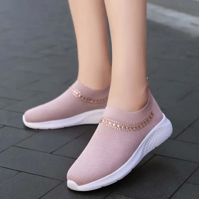 Kadın kristal ayakkabı 2021 kadın örgü rahat kadın üzerinde kayma düz bayanlar Loafer kadın çorap ayakkabı artı boyutu 43 zapatos mujer