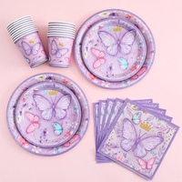 Ychon nouveauté violet papillon joyeux anniversaire fête à thème ensemble de vaisselle jetable joyeux anniversaire fête décoration fournitures