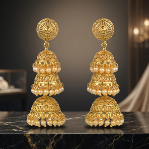 Boucles d'oreilles longues Jhumki classiques plaquées or, style antique, avec pierre blanche, sans nickel ni plomb, pour femme - Réf. 12201 - Product Image 3