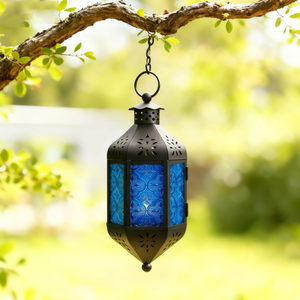 Candelabro colgante de vidrio con estampado azul artesanal de Metal ahuecado Floral Retro de alta calidad de estilo marroquí - Product Image 4