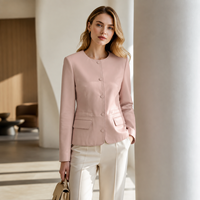 Veste en cuir d'agneau courte pour femmes, col rond, surpiqûres décoratives, poches latérales, vêtement d'extérieur décontracté en peau de mouton