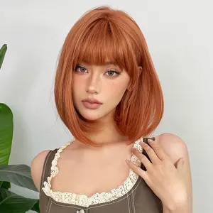 Cosplay Cabelo Laranja Curto Direto Bob Perucas Sintéticas com Franja para As Mulheres Do Dia Das Bruxas Peruca Natural Fibra de Alta Temperatura