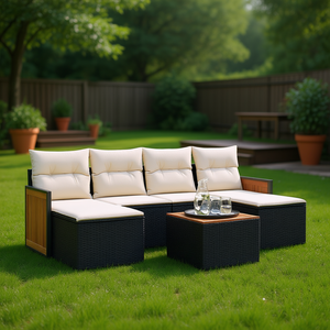 Conjunto de Sofá de Jardín Negro y Crema, Muebles de Ratán para Exteriores con Cojines de Espuma de Alta Densidad, Diseño Contemporáneo Impermeable - Product Image 2