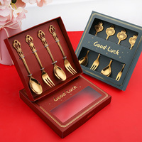 Ensemble de fourchettes à fruits dorées en acier inoxydable, couverts, cuillères, cadeaux, ensemble de quatre pièces, cuillères à dessert de dessin animé, cadeaux de mariage, petites cuillères