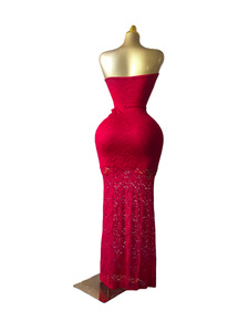 Vestido Maxi de Encaje sin Tirantes para Mujer - Vestido Formal Ajustado con Encaje Floral Rojo, Vestidos de Moda para Mujer - Product Image 3