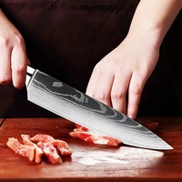 Couteau de chef japonais en acier inoxydable Damas, trois pièces, pour gaucher, jetable, fait main, manche en résine rouge, tranchant, laser