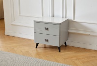 Table de chevet moderne gris clair avec plateau en pierre frittée, 2 tiroirs, poignées métalliques triangulaires, armoire de nuit en bois pour chambre à coucher