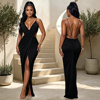 Robe longue moulante personnalisée pour femme, décolleté plongeant en V, bretelles spaghetti, dos nu, froncée, fendue, pour soirée et fête