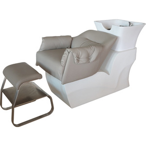 HICOMED <span class=keywords><strong>Fauteuil</strong></span> de lavage électronique pour salon de coiffure en cuir gris et coque blanche, lit de massage pour shampoing avec repose-pieds - Product Image 4