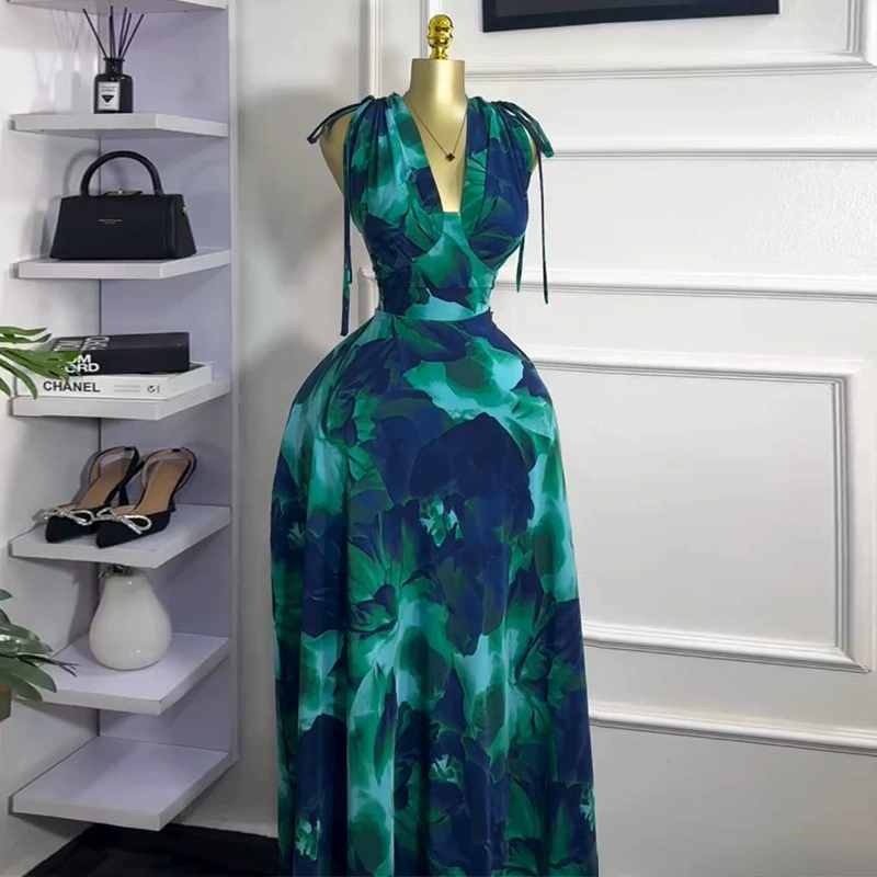 New Style Printed V-neck High-waisted Sleeveless A-line Dresses Fashion  Style