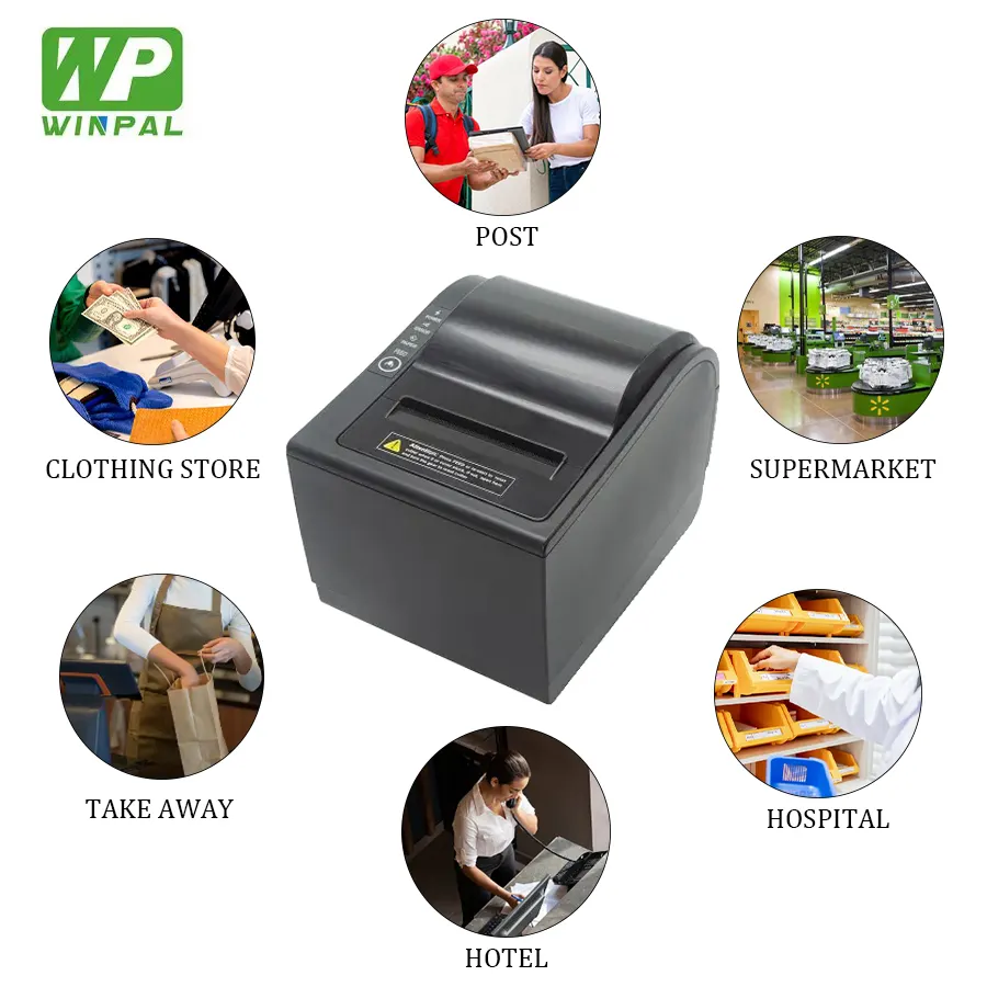 Winpal WP-A1 Impressora Térmica de Recibos para Impressora POS de 3 polegadas 300 mm/s Suporte montado na parede 80 mm