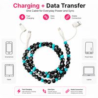 Kabel Charger HP 4 in 1 Berhias Manik-Manik Bola Keberuntungan 8 Warna Turquoise Pengisian Cepat Multi USB Aksesoris Mobil Fashion Hadiah Tipe C