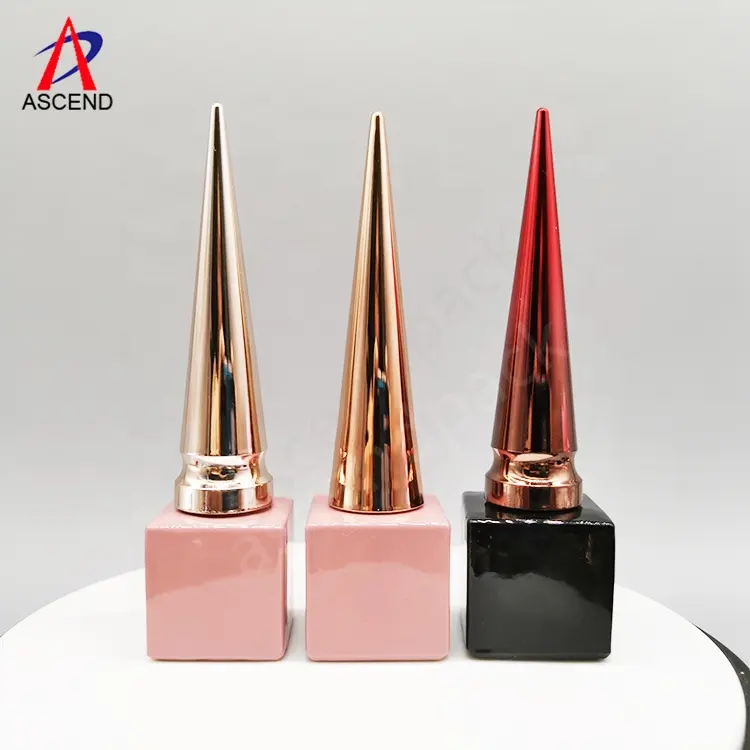 cube shaped 8ml glass empty small uv gel nail polish bottle with black gel brush and long golden cone cap