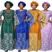 Robe africaine grande taille transfrontalière avec foulard, Nouvelle robe brodée en patchwork et dentelle pour femme