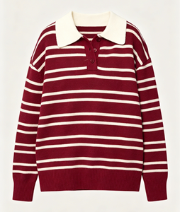 Maglione da Donna Sottile Primaverile Vintage a Righe <span class=keywords><strong>Rosse</strong></span> e Bianche con Dettagli a Bottoni, Maniche Lunghe, Vestibilità Ampia, Stile Casual Preppy - Product Image 1