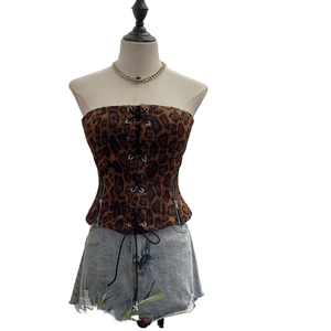 Peeqi 6230 Nouveaux hauts corset sexy et élégants pour femmes en polyester écologique, imprimé léopard, à lacets, avec fermeture éclair et fente, sans bretelles - Product Image 1