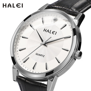 Montre à quartz originale HALEI pour homme, nouveau modèle, bracelet en cuir, cadran analogique blanc, style élégant, mouvement japonais - Product Image 1