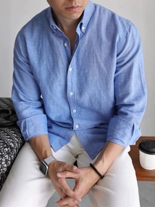 <span class=keywords><strong>Camicia</strong></span> da <span class=keywords><strong>uomo</strong></span> in misto <span class=keywords><strong>lino</strong></span> azzurro, a maniche lunghe, casual, con bottoni, traspirante, estiva, da spiaggia, vestibilità ampia - Product Image 5