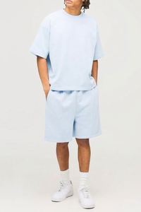 Light Blue Oversized Boxy T-Shirt & Drop Crotch Shorts Set Blank Summer Wear Unisex Sets Tracksuit - Product Image 4