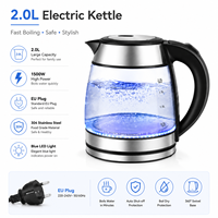 Bouilloire Électrique en Verre 2.0L 1500W avec LED Bleue, Chauffe-Eau en Acier Inoxydable, Prise EU, Fabricant OEM Personnalisé, Vente en Gros
