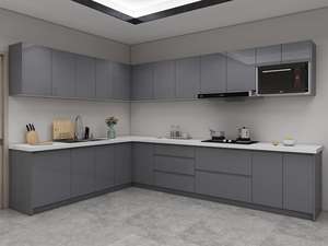 Armoire de cuisine en contreplaqué laqué gris brillant avec dosseret et grand rangement - Product Image 6