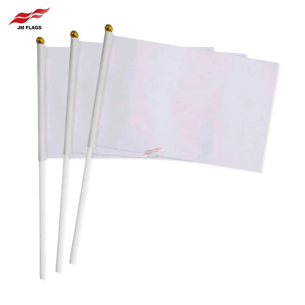 Bandeiras de mão branca lisa personalizada, 100% poliéster cor sólida branca com bandeiras de plástico