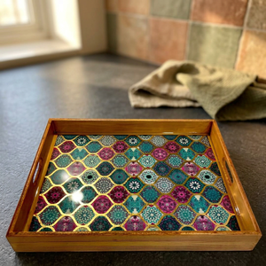 Bandeja de Servir Cuadrada de Madera Hecha a Mano con Patrón Mandala Bohemio, Plato Decorativo Personalizado, Bandeja de Servir de Diseño Único, Nueva Llegada - Product Image 1