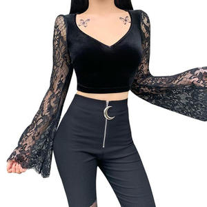 Dark <strong>Goth</strong> Long Sleeve <strong>Tshirt</strong> Women Sexy Lace Patchwork Flare Sleeve V Neck Short Tee Tops Streetwear Black Bottom <strong>Tshirt</strong> - Product Image 1