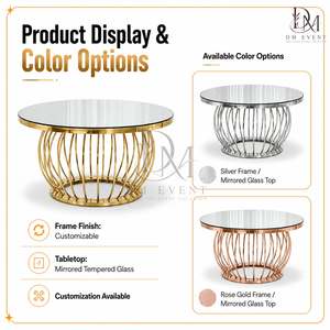 Table de mariage ovale de luxe personnalisée en acier inoxydable doré avec base en cage et plateau en verre trempé miroir pour banquets - Product Image 4