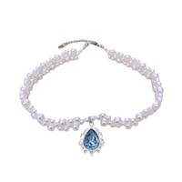 Colliers en perles d'imitation de style français pour femmes, légers et extravagants, avec des gouttes de cristal bleu, chaîne de clavicule, bijoux
