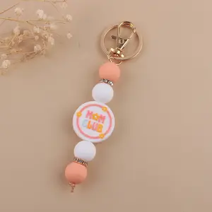 MAMA Keychain Cartoon Fashion Beads Key Chain DIY Silicone Bead Plastic Keychains for Mothers Day Gift