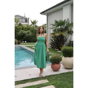 Robe en lin vert à col halter, coupe trapèze, taille naturelle, respirante, pour tenue décontractée - Product Image 6