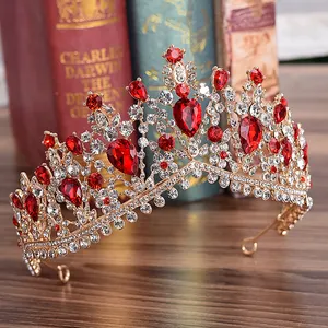 Hiasan rambut pengantin wanita, emas perak merah, aksesori berlian imitasi kristal pengantin, mahkota pengantin perempuan, putri Ratu