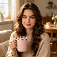 Mug Kopi Stainless Steel 15oz, Botol Air Dinding Ganda, Tumbler Vakum Terisolasi untuk Perjalanan dengan Pegangan dan Tutup Anti Bocor, Bebas BPA