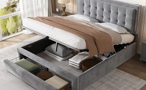 Cama Doble <span class=keywords><strong>Juvenil</strong></span> de Fábrica China con Cajones Hidráulicos de Almacenamiento, Cabecera Ajustable, Tapizada, Cómoda, Ahorra Espacio, Minimalista/Reino Unido - Product Image 2