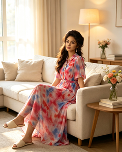 Robe chemise imprimée tie-dye à revers et boutons, avec pantalon évasé, manches courtes, ceinture intégrée, plis à la taille, jupe longue évasée en A - Product Image 4