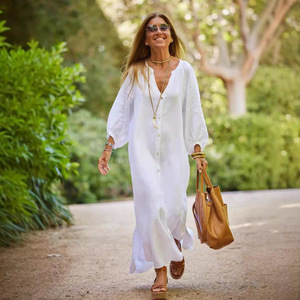 Vestido Camisero Maxi de Algodón y Lino para Mujer, Cuello en V, Abotonado, Corte Holgado Informal, Vestido de Verano - Product Image 3