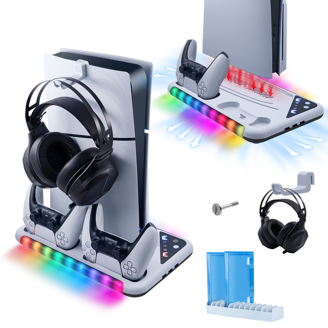 DOBE Multifunctional Dock Stand for PS5 Slim RGB Cooling Stand with Headphone Hook for PS5 DualSense Controller Holder Station