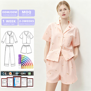 Manufacturer Custom Short Sleeve Women's Pajamas Two Piece Lounge Set Cotton Jersey Printed <b>Pyjama</b> Set - Product Image 1