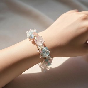 Bracelet en Aquamarine brute et Quartz rose, style Fairycore, avec fleur en <span class=keywords><strong>macramé</strong></span>, cadeau de communication pour les relations - Product Image 4