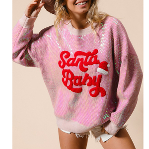 Presentes de Natal oversize solto inverno desgaste o-pescoço puff impressão padrão brilhando lantejoulas cor rosa mudando camisola para as mulheres - Product Image 4