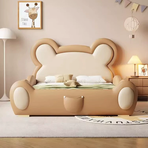 Cama Caliente para Niños y Niñas con Diseño de Oso de Dibujos Animados, Cama de Madera Maciza con Cuero, Barandilla y Tobogán, Cama Individual Infantil - Product Image 6